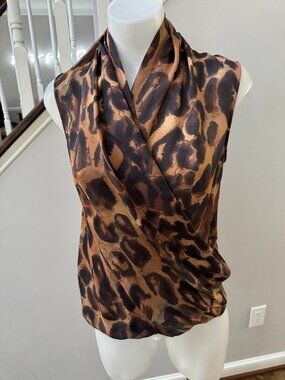 Theory Leopard Silk Wrap Top Blouse Size Small